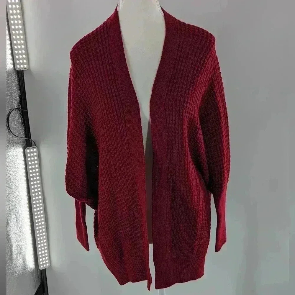 CHUNKY KNIT WINE RED OPEN CARDIGAN SWEATER Size Small NWT Oversized C+D+M